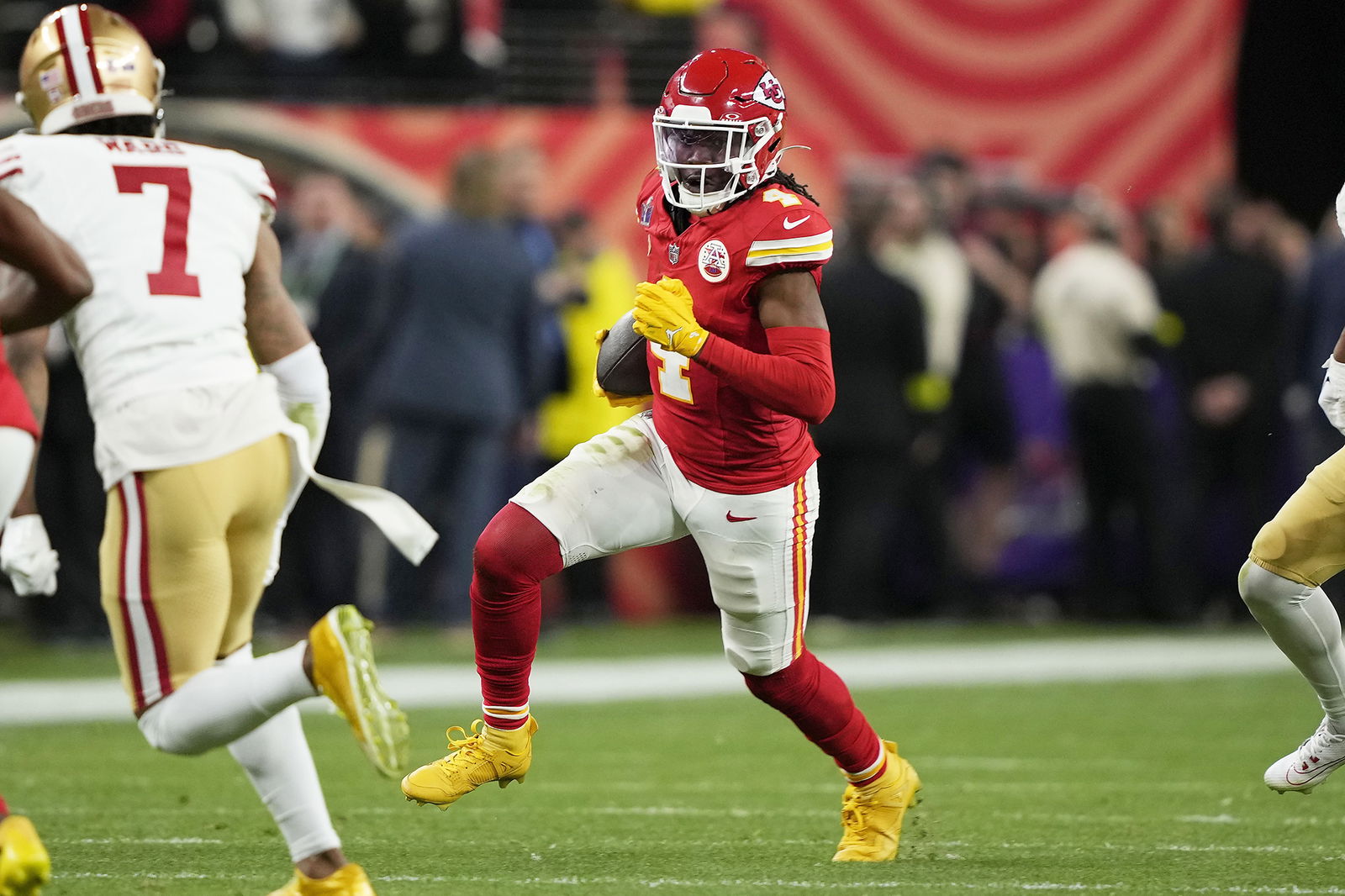 Kansas City Chiefs wide receiver Rashee Rice runs the ball against the San Francisco 49ers during Super Bowl 58 on Feb. 11 in Las Vegas.