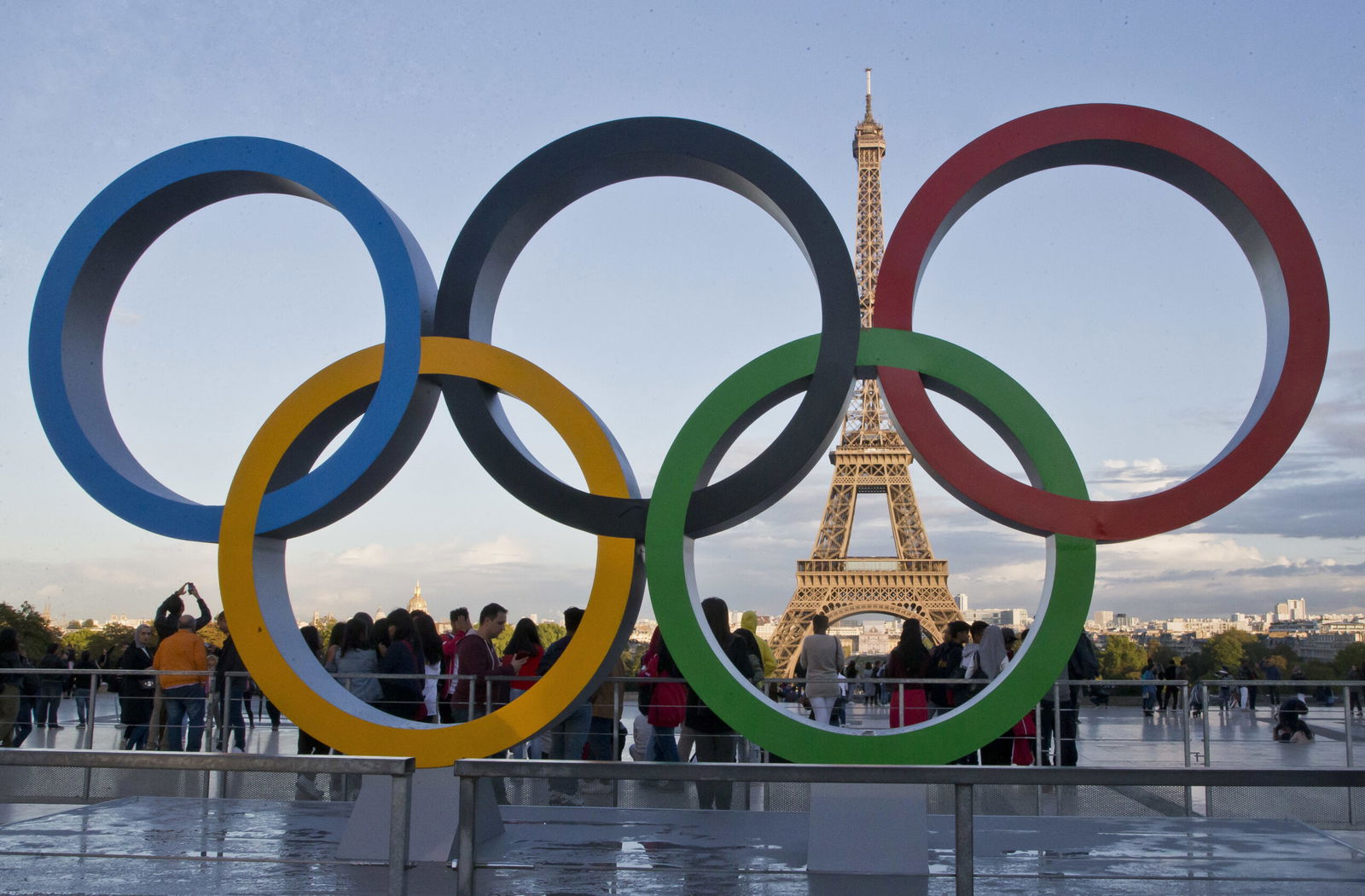 The Olympic rings are set up in 2017 at Trocadero plaza that overlooks the Eiffel Tower in Paris.