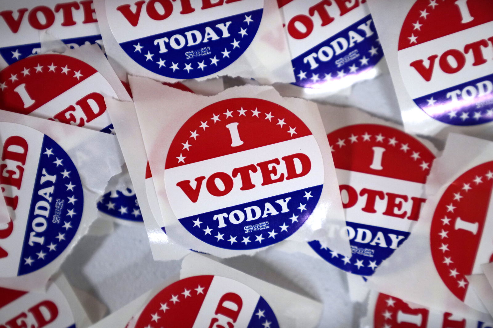 ‘I voted’ stickers are seen in the Polk County Election Office during early voting on Oct. 16 in Des Moines