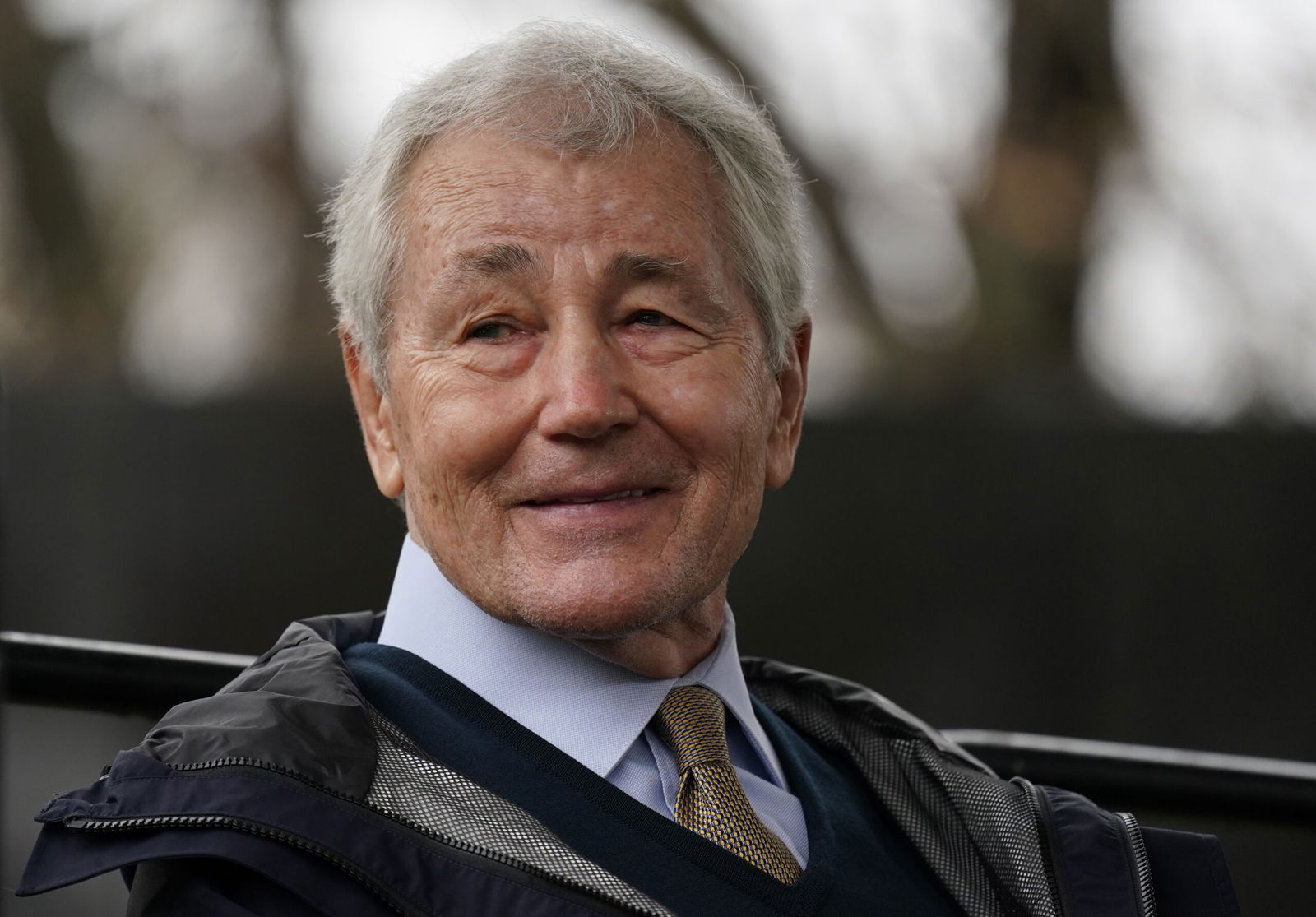 Former Secretary of Defense Chuck Hagel looks to the crowd during a Veterans Days observance at the Vietnam Veterans Memorial on the 40th anniversary of its dedication in 2022 in Washington.