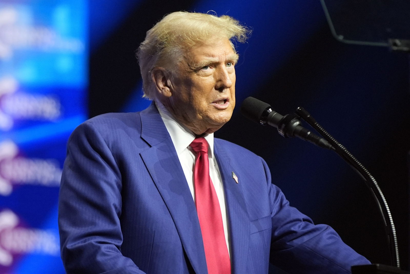 Republican presidential nominee former President Donald Trump speaks Wednesday at a Turning Point Action campaign rally in Duluth