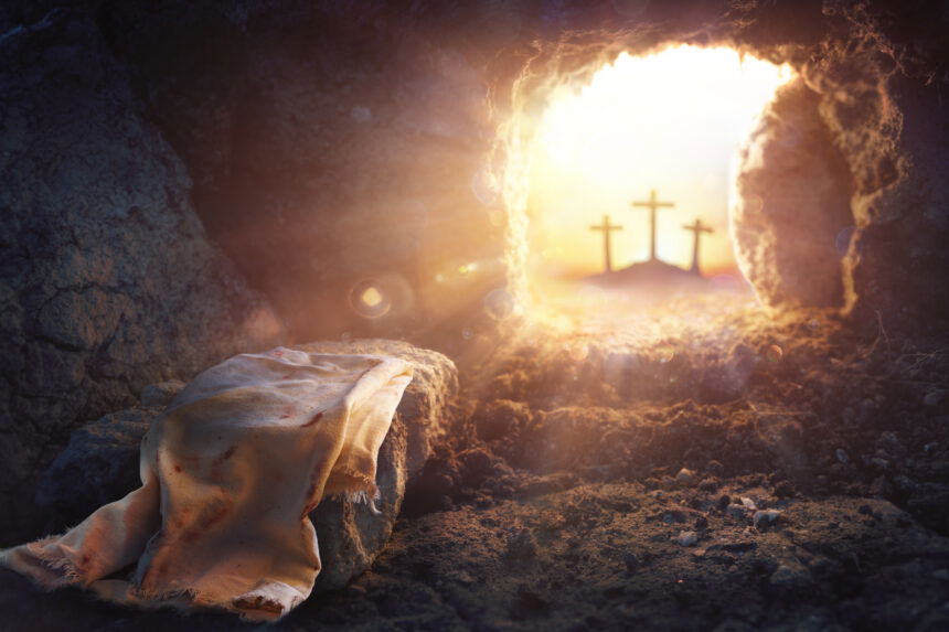 Resurrection Of Jesus Christ - Empty Tomb - Focus On Shroud And Defocused Crosses On Background With flare Lights Effects