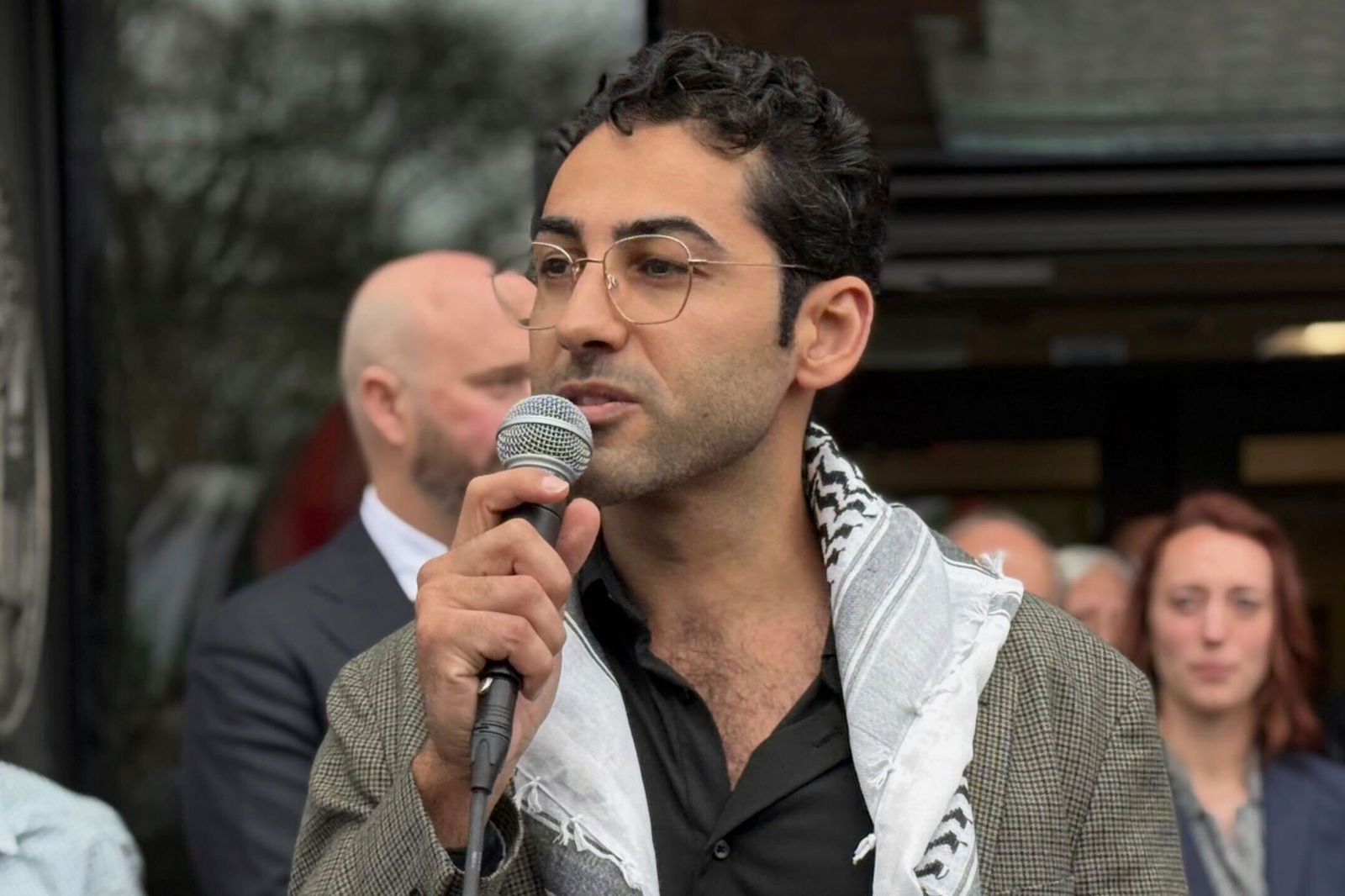 Mohsen Mahdawi speaks outside the courthouse after a judge released the Palestinian student activist on Wednesday