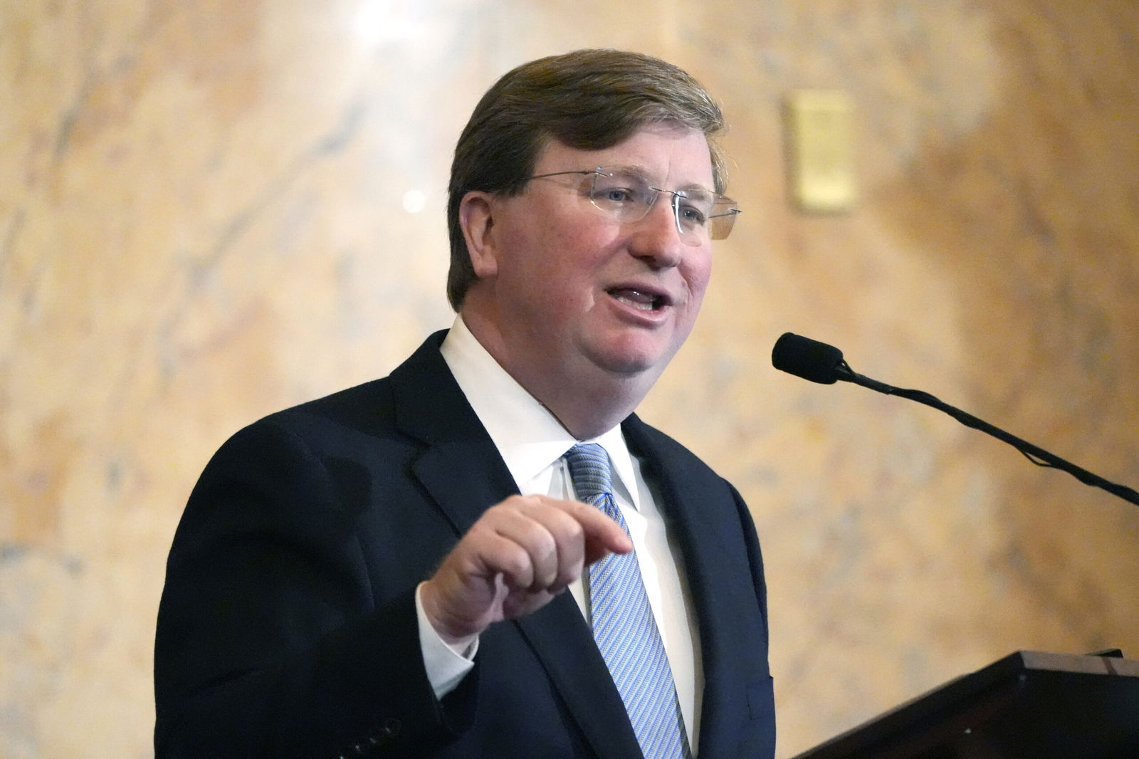 FILE - Mississippi Republican Gov. Tate Reeves delivers his State of the State address to the Mississippi State Legislature