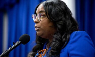 Rep. LaMonica McIver speaks during a news conference at City Hall in Newark
