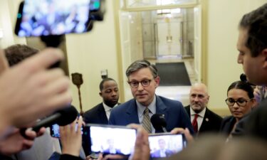 Speaker of the House Mike Johnson (R-LA) speaks to reporters after returning to the U.S. Capitol Building on May 21 in Washington