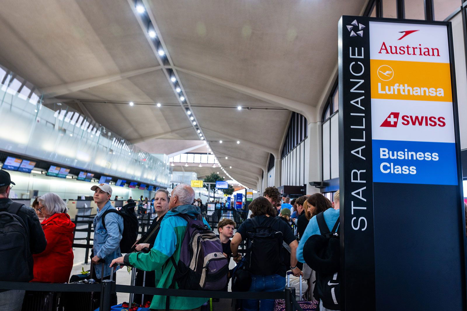 <i>Spencer Platt/Getty Images via CNN Newsource</i><br/>People wait in line for a delayed flight at Newark International Airport on May 5