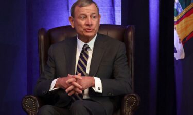 Chief Justice John Roberts speaks during a fireside chat at the 125th anniversary celebration of the United States District Court for the Western District of New York on May 7 in Buffalo