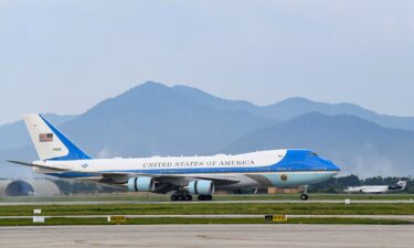 Air Force One landing in a 2023 photo. Boeing has moved up the planned delivery time of two 747 jets  to replace the two current jets. But the delivery will still come years after originally scheduled.