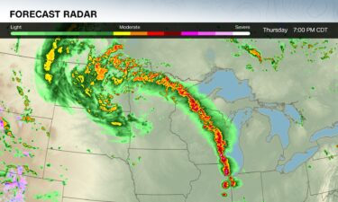 A forecast model shows one possibility of when and where powerful thunderstorms could roar through the Midwest on Thursday.