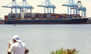 A container ship is moored at the port of the port of New York & New Jersey in Elizabeth