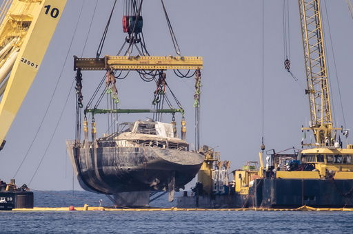 The hull of the superyacht Bayesian