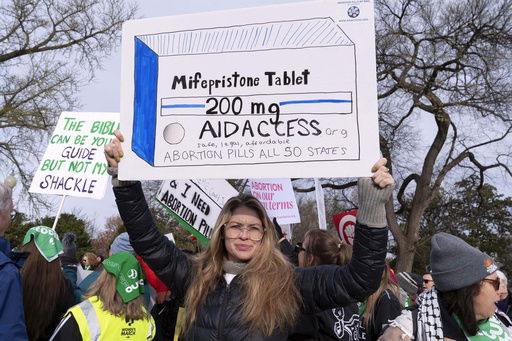 FILE - Abortion-rights activists holds a signs as they protest outside of the Supreme Court during a rally on March 26
