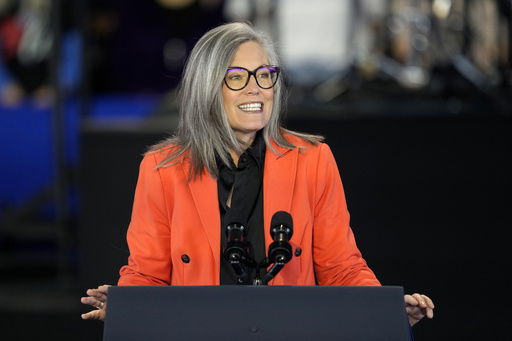 FILE - Arizona Gov. Katie Hobbs speaks at a campaign event for Democratic presidential nominee Vice President Kamala Harris at Talking Stick Resort Amphitheatre