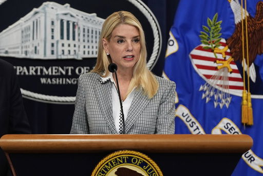 Attorney General Pam Bondi speaks during a news conference about Kilmar Abrego Garcia at the Justice Department