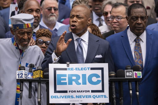 New York Mayor Eric Adams speaks during a campaign launch rally at City Hall