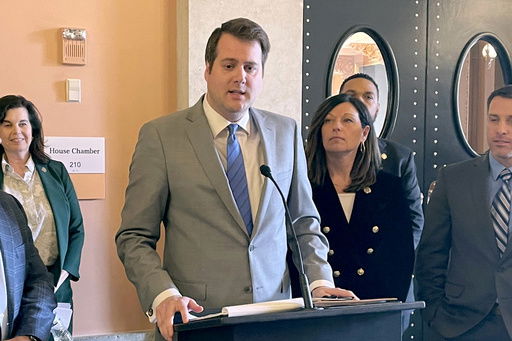 FILE - Ohio state Rep. Derek Merrin talks to reporters on Feb. 15