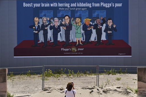 A woman takes a photo of a drawing showing World leaders from left