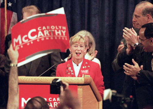 FILE - Carolyn McCarthy makes her acceptance speech at Adelphi University in Garden City