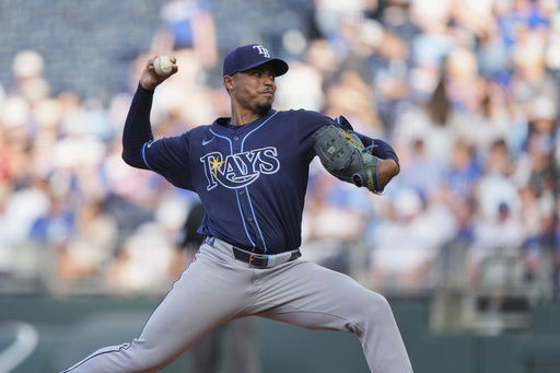 Tampa Bay Rays starting pitcher Taj Bradley throws during the first inning of a baseball game against the Kansas City Royals