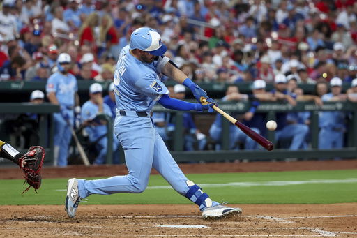 Kansas City Royals' Nick Loftin hits a solo home run during the fifth inning of a baseball game against the St. Louis Cardinals