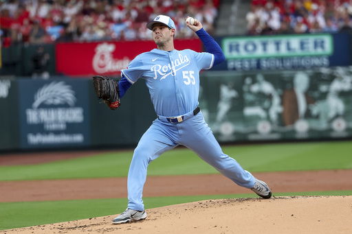 Kansas City Royals starting pitcher Cole Ragans throws during the first inning in the second game of a baseball doubleheader against the St. Louis Cardinals