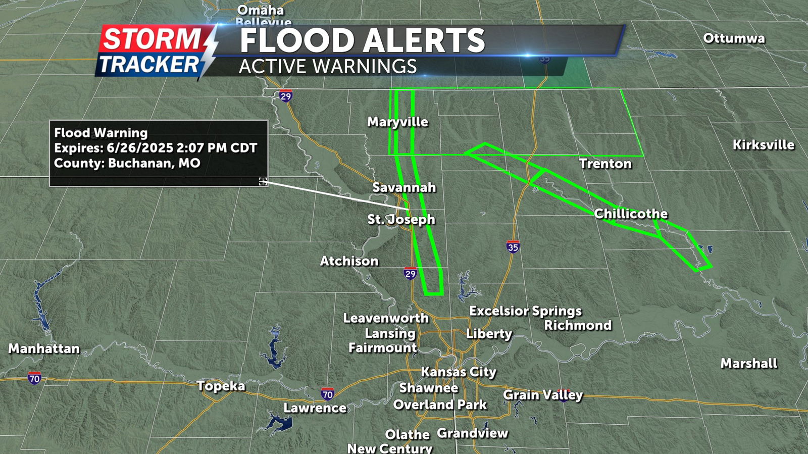 A flood warning remains in effect for the Platte River through Nodaway, Andrew, Buchanan, and Platte county through Thursday afternoon.
