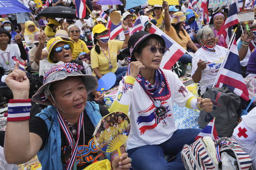 Protesters gather at Victory Monument demanding Thailand's Prime Minister Paetongtarn Shinawatra resign in Bangkok