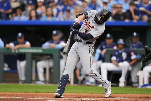 Detroit Tigers' Riley Greene hits a two-run home run during the first inning of a baseball game against the Kansas City Royals