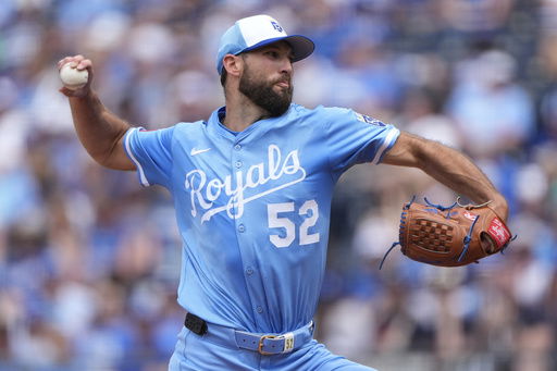 Kansas City Royals starting pitcher Michael Wacha throws during the first inning of a baseball game against the Detroit Tigers