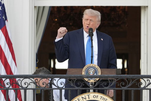 President Donald Trump speaks during a summer soiree on the South Lawn of the White House