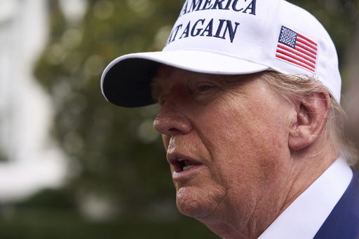 President Donald Trump speaks with reporters as a flag pole is installed on the South Lawn of the White House