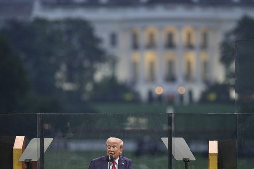 President Donald Trump speaks at a military parade commemorating the Army's 250th anniversary Saturday