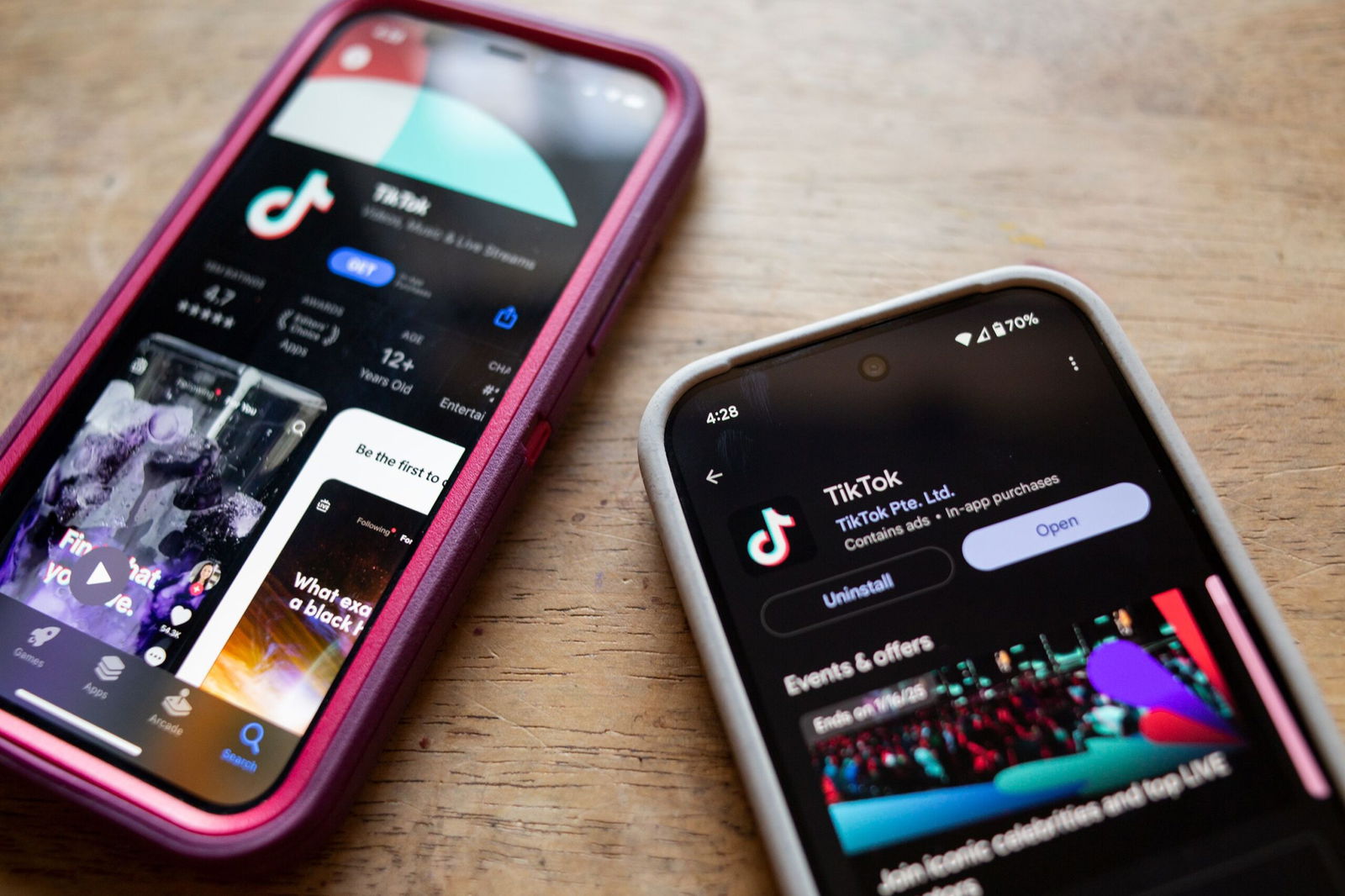 <i>Brook Joyner/CNN via CNN Newsource</i><br/>TikTok is seen in the app stores of an iPhone and Google Pixel on January 8. President Donald Trump set to delay enforcement of the sale-or-ban law by another 90 days.