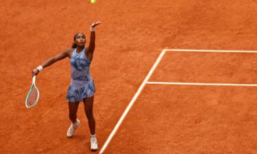 Coco Gauff serves during the French Open final against Aryna Sabalenka.