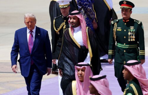 US President Donald Trump is greeted by Saudi Crown Prince Mohammed bin Salman as he arrives at King Khalid International Airport on May 13