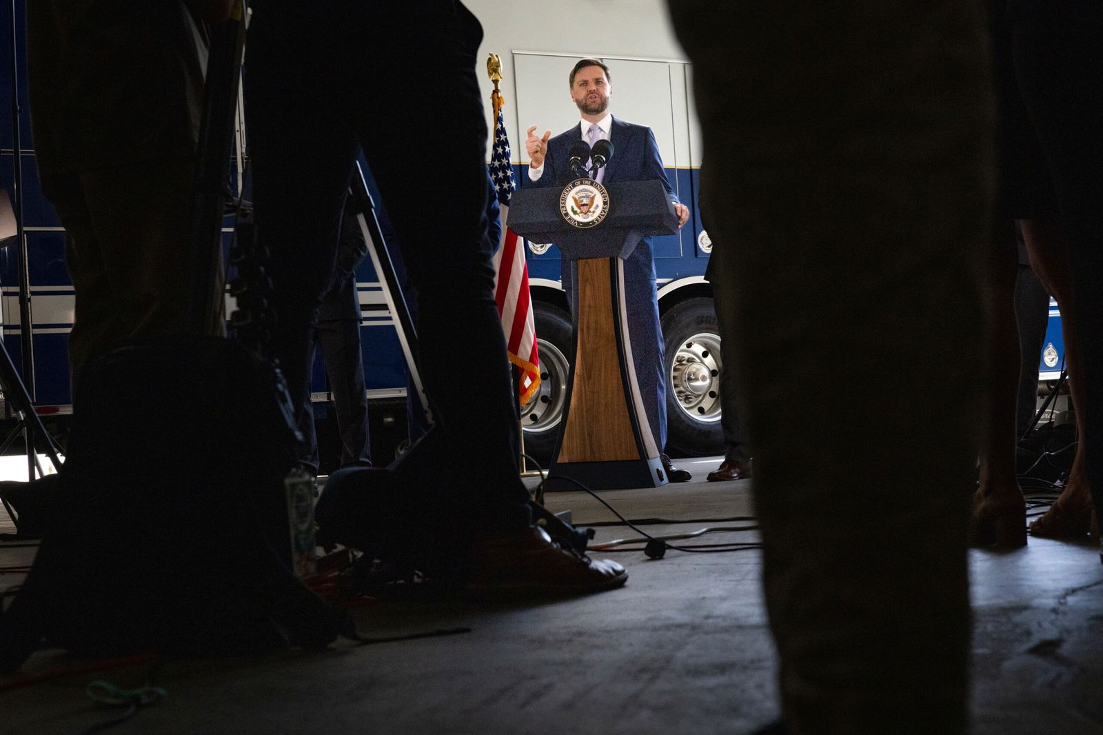 <i>Scott Olson/Getty Images via CNN Newsource</i><br/>Vice President JD Vance speaks to the press following a tour of the multiagency Federal Joint Operations Center at the Wilshire Federal Building on June 20 in Los Angeles