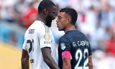 Antonio Rüdiger (left) and Gustavo Cabral (right) clash during the Real Madrid vs. Pachuca game at the FIFA Club World Cup.