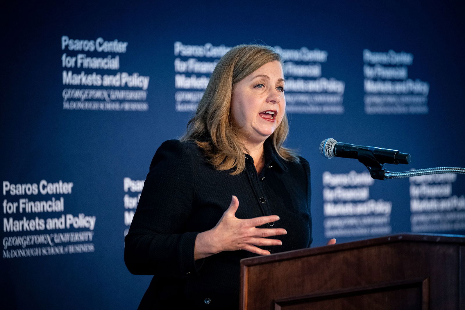 <i>Graeme Sloan/Bloomberg/Getty Images via CNN Newsource</i><br/>Michelle Bowman speaks at Georgetown University in Washington