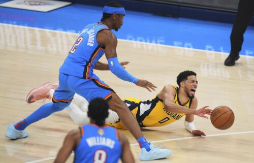 Indiana Pacers guard Tyrese Haliburton falls to the court with an injury during the first quarter of Game 7 of the NBA Finals.