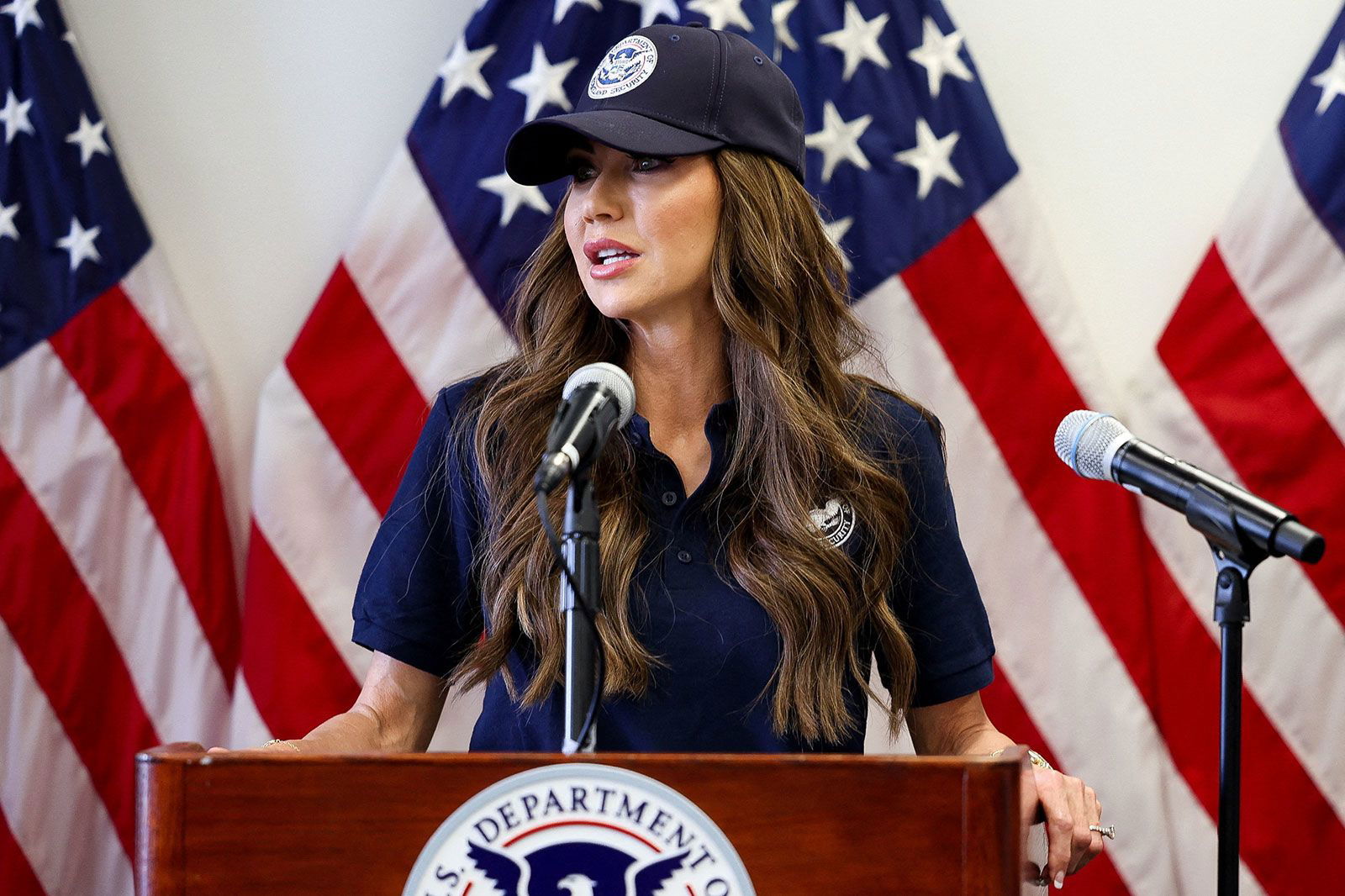 <i>Aude Guerrucci/Reuters via CNN Newsource</i><br/>U.S. Secretary of Homeland Security Kristi Noem holds a press conference