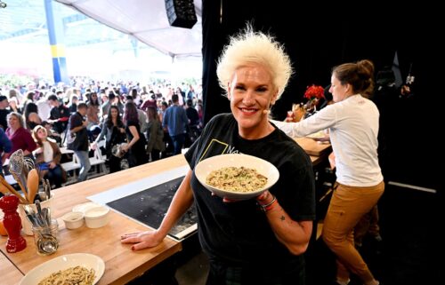 Anne Burrell makes a culinary presentation during the Food Network New York City Wine & Food Festival in October 2022 in New York City.  Burrell has died at the age of 55.