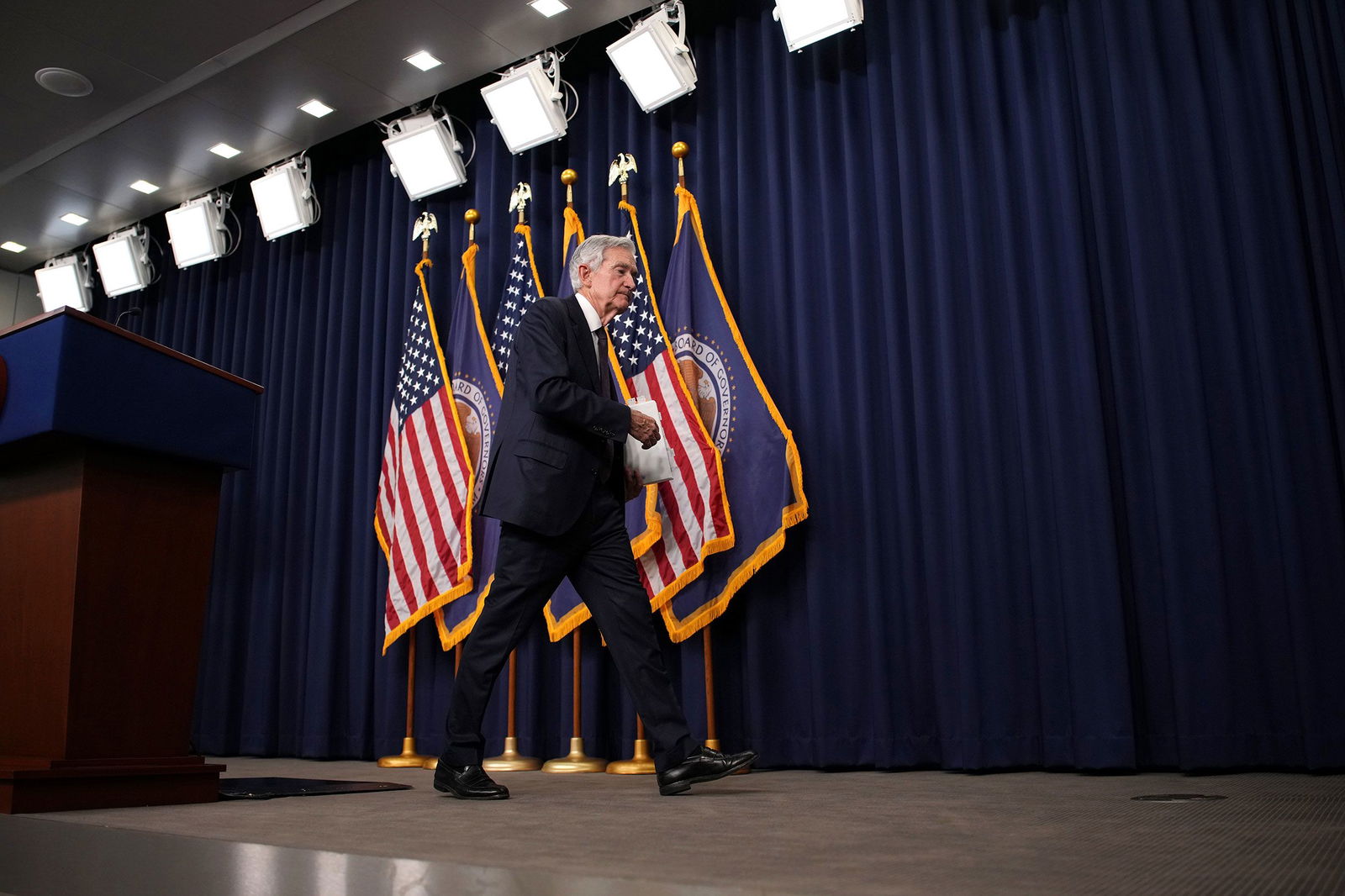 <i>Andrew Harnik/Getty Images/FILE via CNN Newsource</i><br/>Federal Reserve Chair Jerome Powell departs after speaking at a news conference at the William McChesney Martin Jr. Federal Reserve Board Building on May 7 in Washington