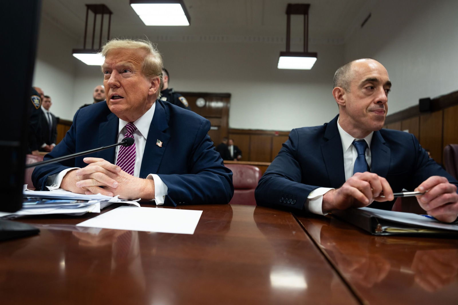 <i>Maansi Srivastava/Getty Images via CNN Newsource</i><br/>Donald Trump and attorney Emil Bove sit in the courtroom during his criminal trial at Manhattan Criminal Court in April 2024 in New York City.