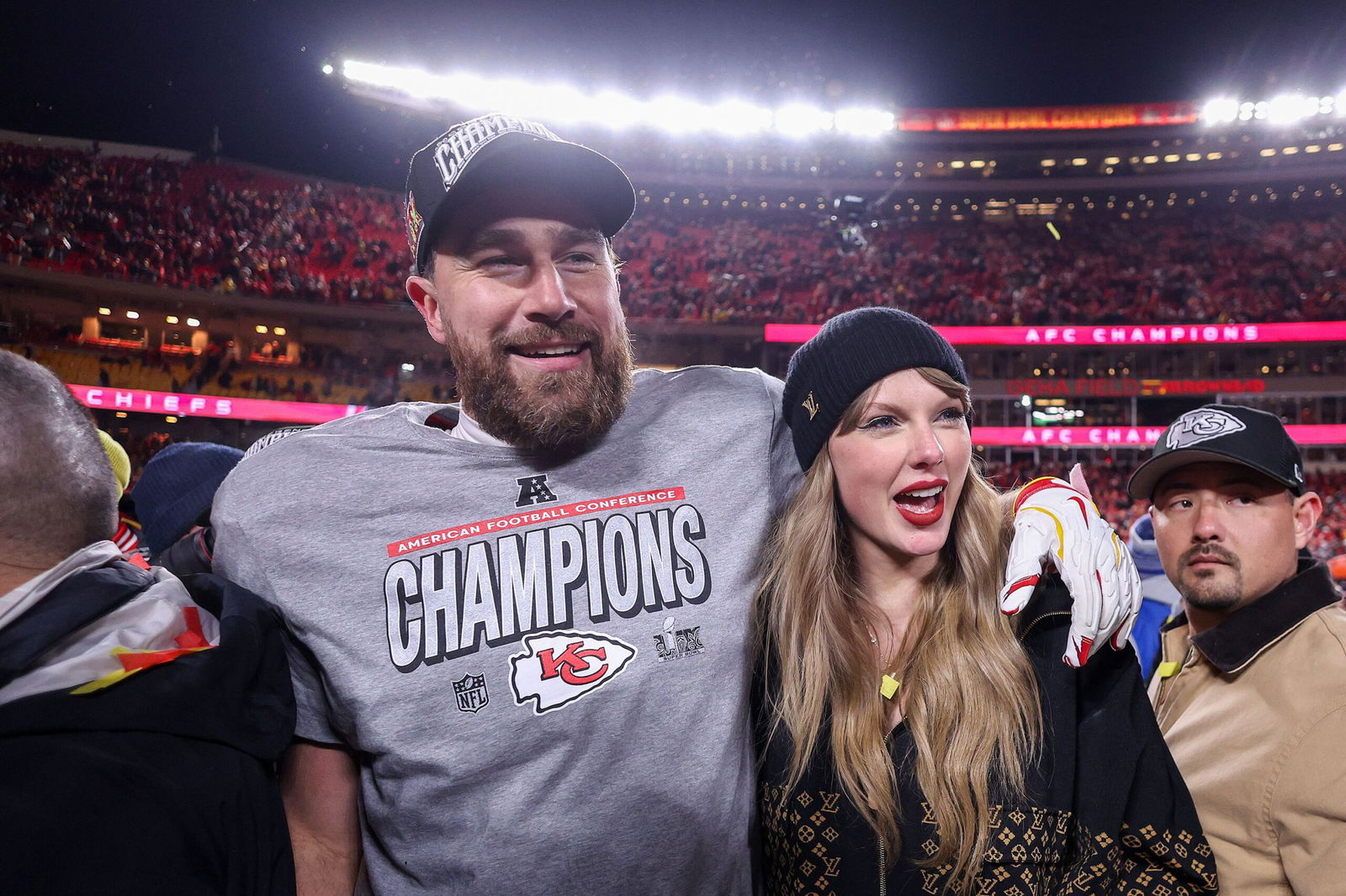 <i>Jamie Squire/Getty Images via CNN Newsource</i><br/>Taylor Swift and Travis Kelce in January.