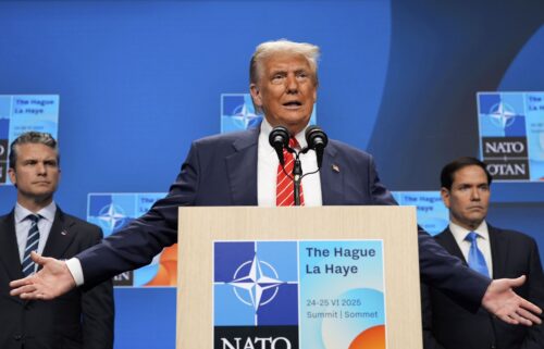 President Donald Trump speaks during a media conference at the end of the NATO summit as Secretary of State Marco Rubio
