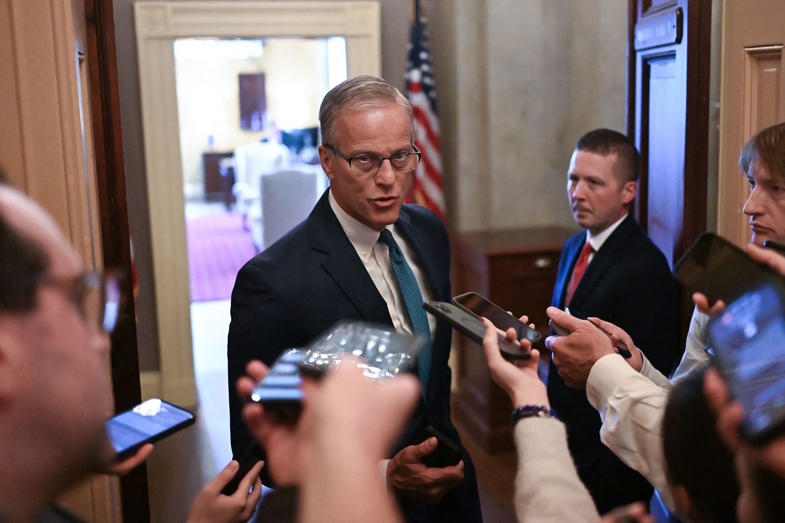 <i>Alex Wroblewski/AFP/Getty Images via CNN Newsource</i><br/>Senate Majority Leader John Thune speaks to reporters at the US Capitol in Washington