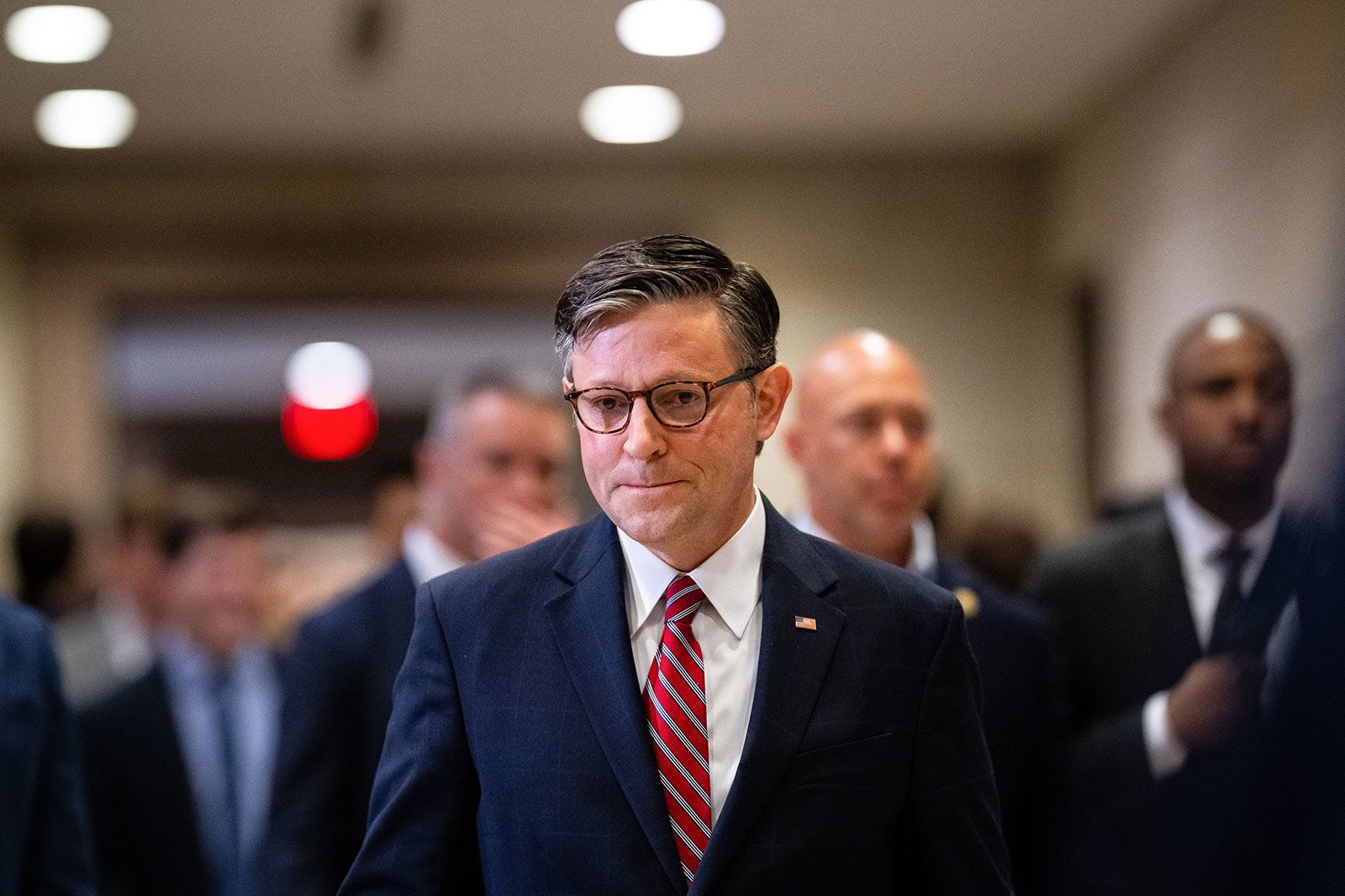 <i>Graeme Sloan/Bloomberg/Getty Images via CNN Newsource</i><br/>House Speaker Mike Johnson departs after a briefing with members of Congress at the Capitol on June 27.