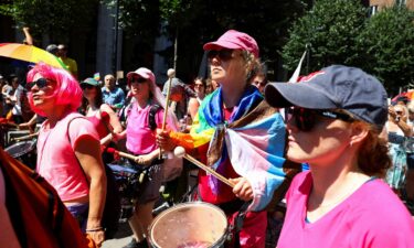 People gather for the Budapest Pride march in Hungary's capital on Saturday.