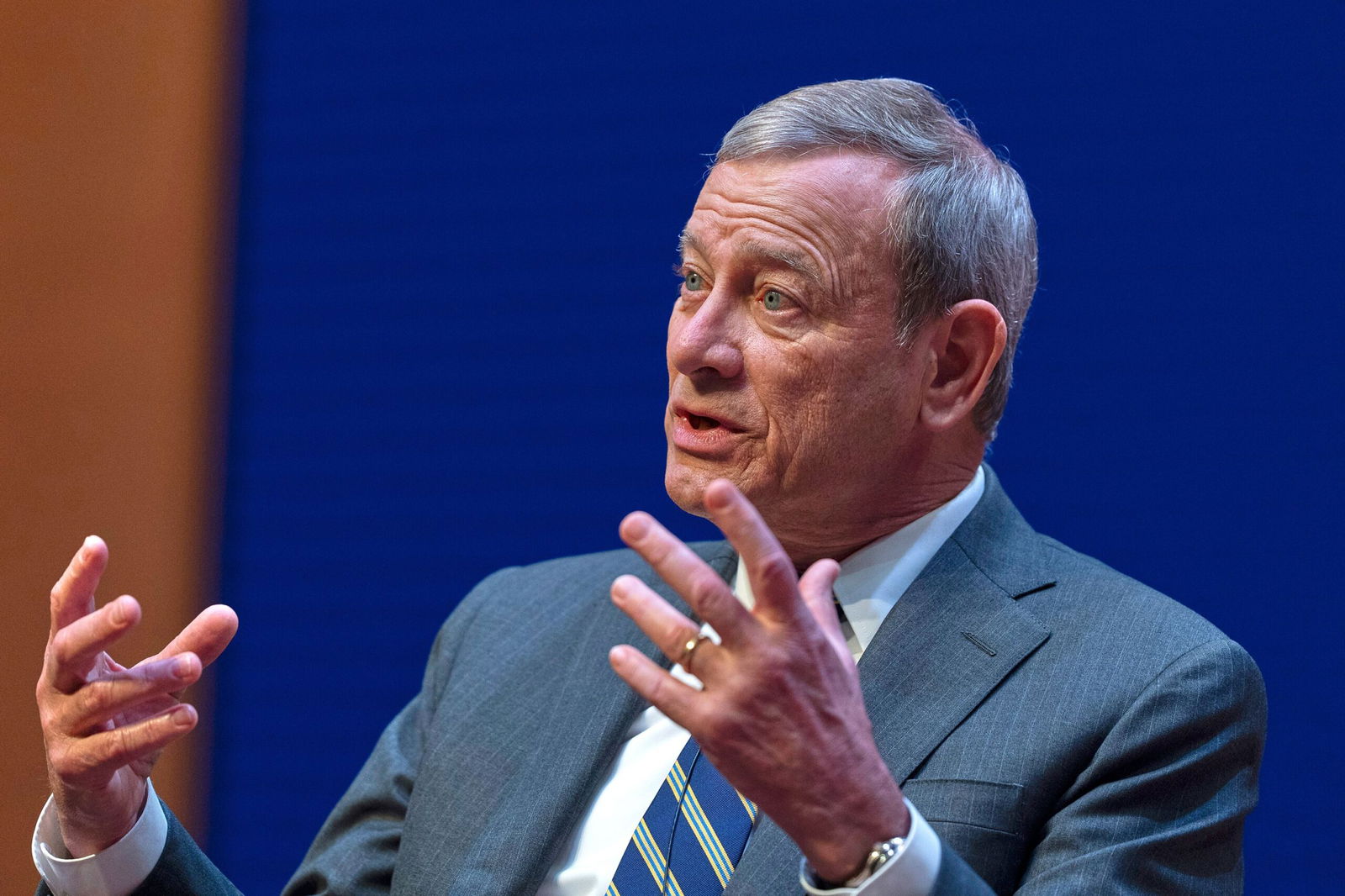 <i>Manuel Balce Ceneta/AP via CNN Newsource</i><br/>Chief Justice of the Supreme Court John Roberts speaks during a lecture to the Georgetown Law School graduating class of 2025